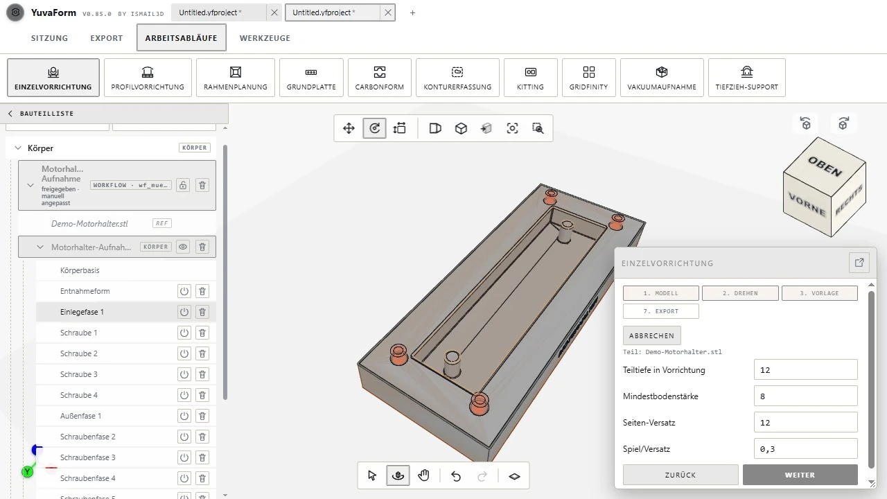 Bauteilliste mit einzelnen Features und geöffneten Vorrichtungsparametern